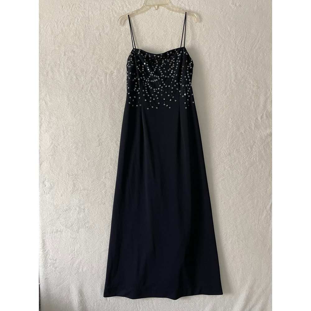 Betsy & Adam by Jaslene Navy Blue Beaded Sequin  Maxi Gown Dress Sz 4